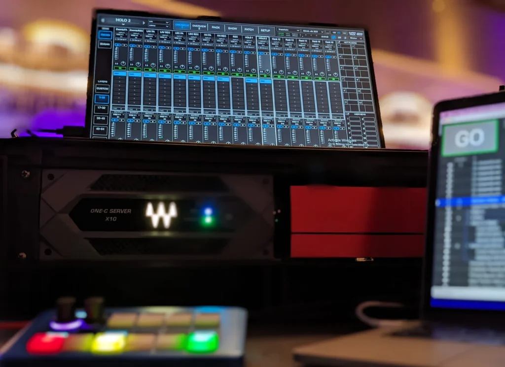 Digital mixing interface and audio server used by engineers for corporate event audio production.